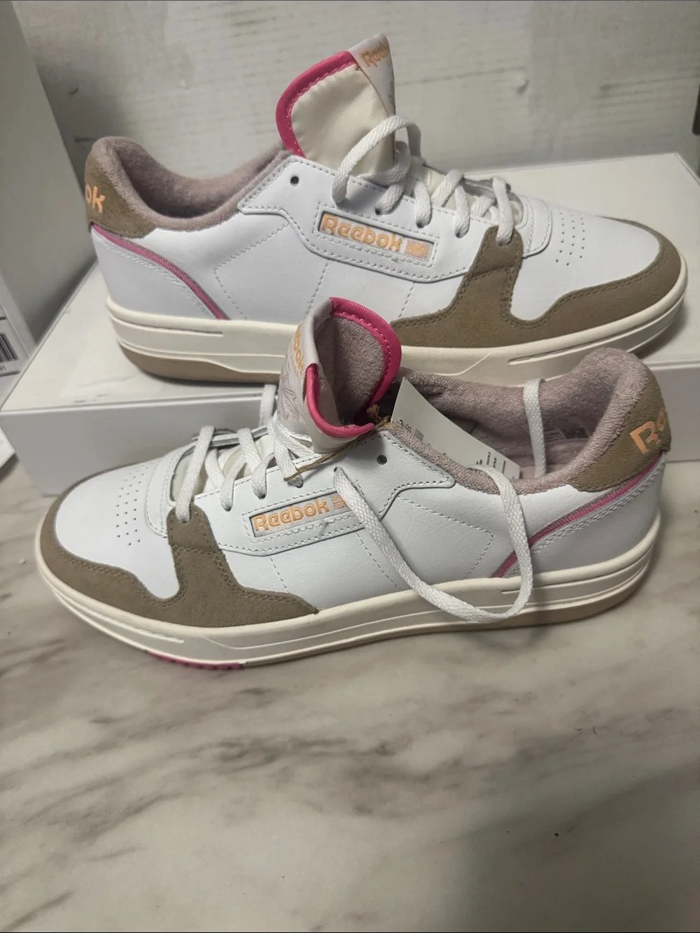 Reebok White Sneakers with Beige Suede and Pink Accents